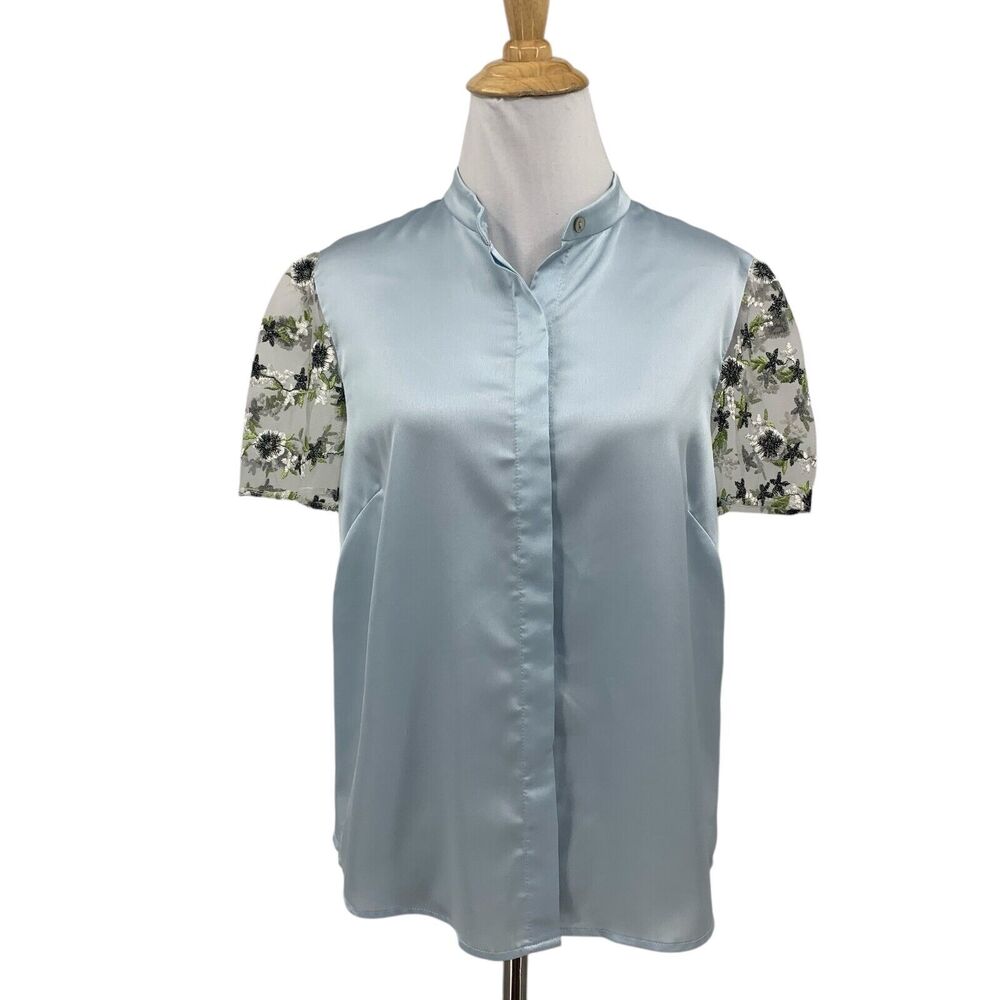 Hutch Blouse Womens S Small Breeze Satin Floral Sheer Sleeve Hidden Button